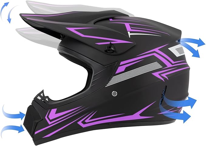 Youth Kids Dirt Bike Motocross Helmet (Goggles Gloves Face Mask) 4PCS Set, DOT Approved Girls Full Face Motorcycle Helmets, ATV BMX MX Mountain Bike Off Road Kid Helmet (Purple, S)