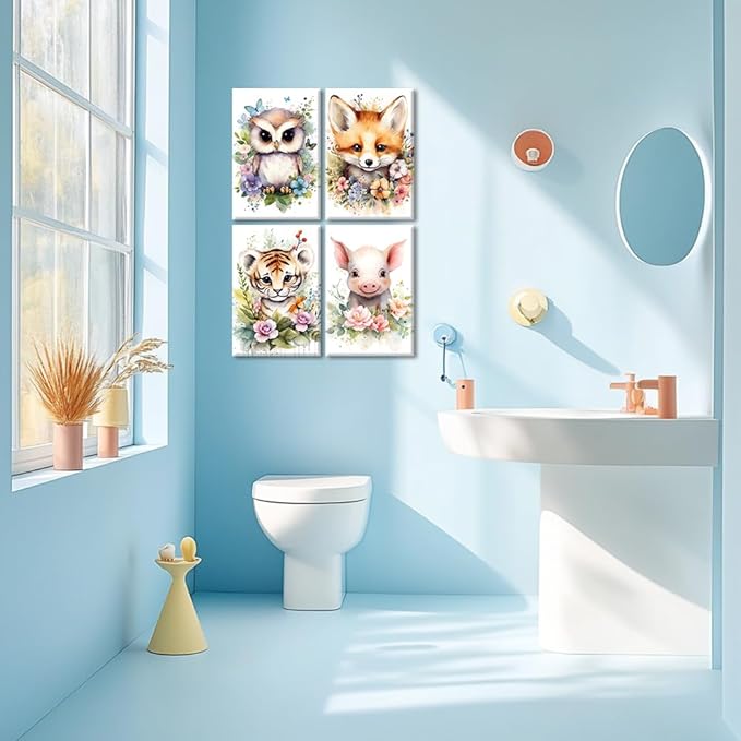 NAMENLAIMI Animal Wall Art Canvas Cute Owl Fox Tiger Pig Picture Prints Nursery Animals Paintings Animal with Flower Pictures Wall Decor for Kids Room Decor Frame(Animal-4,16.00" x 24.00" x 4Pcs)