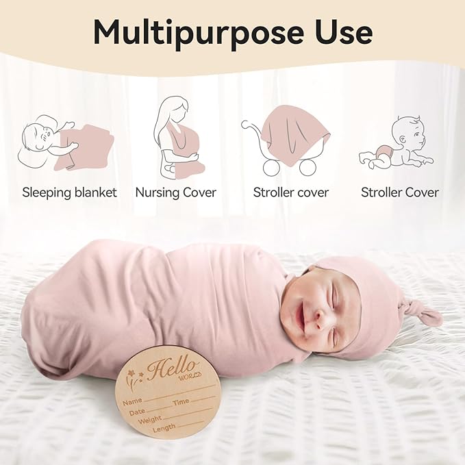 Rayon Made from Bamboo Newborn Swaddle Blanket Set with Matching Beanie, Super Soft Stretchy Baby Clothes Outfit for Girl Boy, Receiving Blankets Newborn Essentials, 47 x 47 Inch