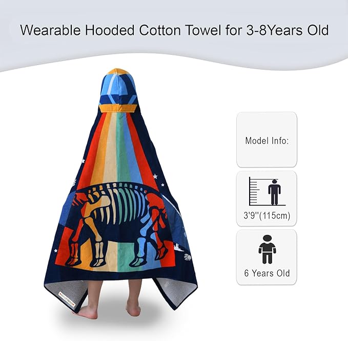 VOOVA & MOVAS Toddler Bath Towel with Hood for Kids Age 3-8, 30''X50, Soft | Thick | Absorbent Cotton Wrap Blanket, Beach, Pool, Swim | Bath Use, Dinosaur Under The UFO