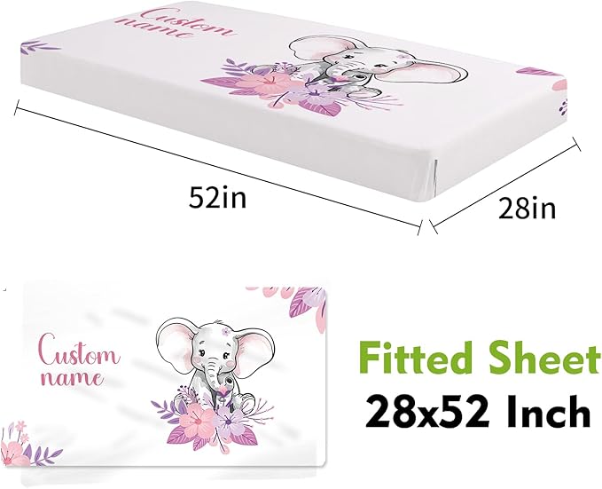 Custom Crib Bedding Set for Infant Babys - 2 Piece Elephant Theme Set with Blanket and Crib Sheet, Personalized Infant Crib Bedding Sets with Name, Newborns Gifts