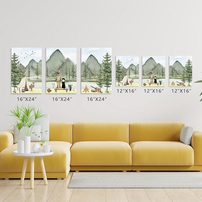 Fishing Nursery Wall Art, Boys With Dog Fishing Wall Decor, Woodland Camping Nursery Decor, Mountain Forest Wall Art, Outdoor Adventure Nature Print for Boy Room Decor, Framed Set of 3, 12"x16"x3