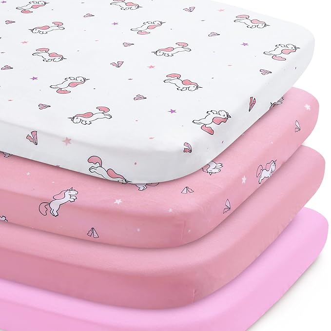 Graco Pack 'n Play Sheets Fitted (4 Pack), Ultra Soft, Mini Crib Sheets, Breathable, Pink