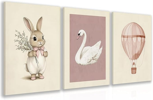 Hianan Pink Baby Girl Nursery Wall Decor Cute Bunny Wall Art Cozy Rabbit Canvas Artwork Elegant Swan Poster Prints Vintage Hot Air Balloon Painting Prints for Kid's Room Baby Room Framed 12"x16"x3