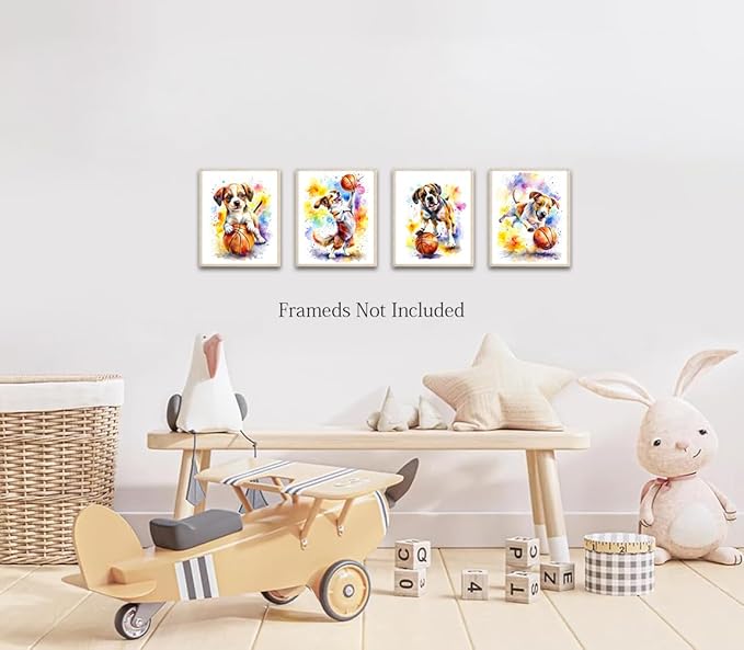 LNLAGBO Funny Dog Canvas Wall Art Prints,Watercolor Dog Plays Basketball Wall Art,Running Dogs Poster,Lovely Animal Decoration for Living Room Bedroom Office Set of 4(8"x10"Unframed)