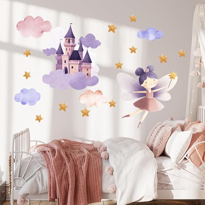 Flower Fairy Wall Decal，Butterfly Fairy Stars Wall Stickers，Cartoon Princess Butterfly Girls Decal，Removable Vinyl for Girls Bedroom Baby Nursery Kids Room Wall Decor. (Fairy Castle Wall Stickers)