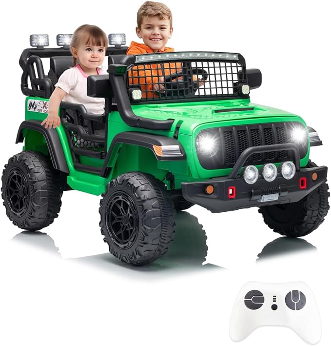 2 Seats 24V Kids Electric Ride on Car with Remote Control, 20" Large Seat with 2 Safety Belts, Two 200W Battery Powered Electric Vehicle for 3+ Years, LED Light,Music,Horn,USB Port, Riding Toy,Green