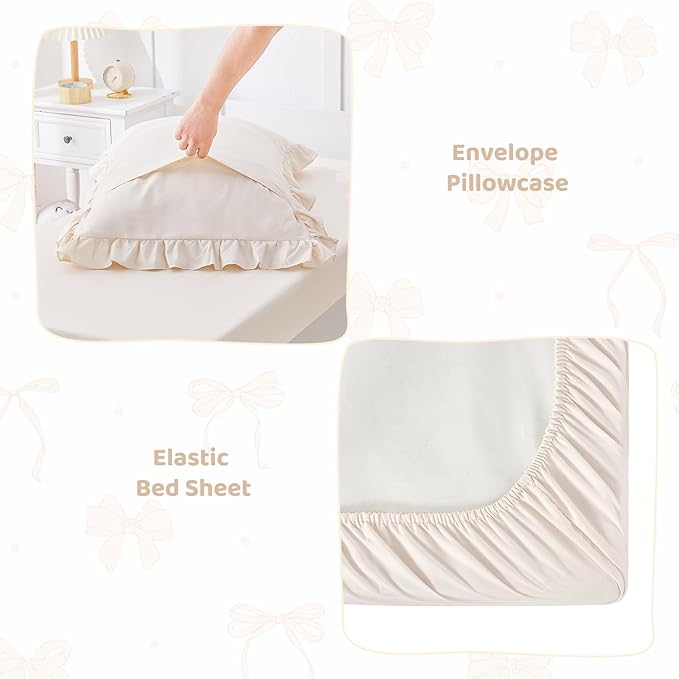Wowelife Toddler Bedding Sets for Girls, 4-Piece Beige Toddler Bed Set Floral Ruffles Boho Bohemian Jacquard Includes Comforter, Fitted Sheet, Top Sheet and Pillowcase, Beige