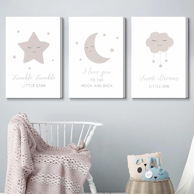 Framed Nursery Wall Art Beige Boho Moon Stars Cloud Canvas Wall Decor Neutral Nordic Baby Gentle and Sweet Cartoon Pictures Prints Posters for Boys Girls Bedroom Kids Room Ready To Hang 16x24inx3