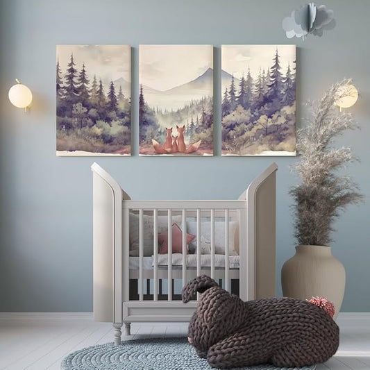 Fox Family Nursery Decor Print Vintage Family of Three Animal Wall Art Set of 3 Woodland Nursery Wall Decor Mountain Forest Nature Poster for Kid Baby Boy Girl Room Decor Framed Canvas 12"x16"x3