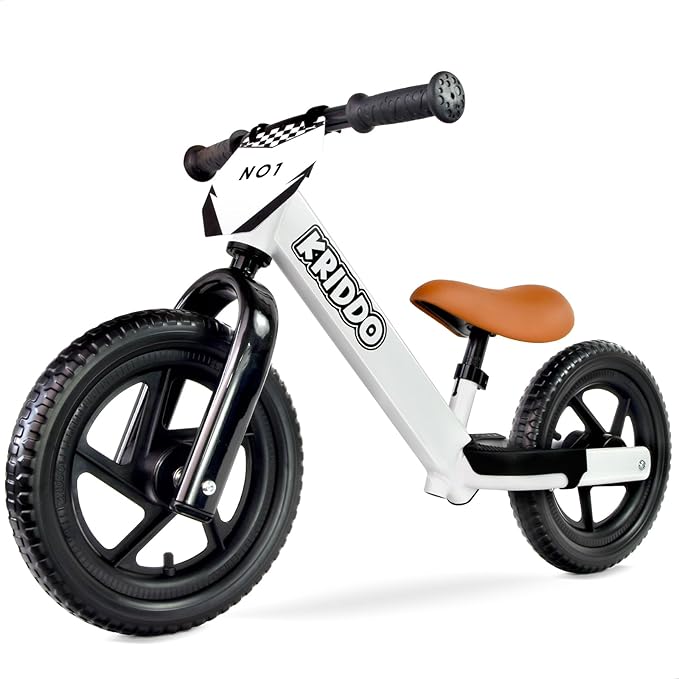 KRIDDO Toddler Balance Bike 2 Year Old, Age 24 Months to 5 Years Old, 12 Inch Push Bicycle with Customize Plate (3 Sets of Stickers Included), Gift Bike for 2-3 Boys Girls, White Sport
