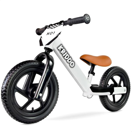 KRIDDO Toddler Balance Bike 2 Year Old, Age 24 Months to 5 Years Old, 12 Inch Push Bicycle with Customize Plate (3 Sets of Stickers Included), Gift Bike for 2-3 Boys Girls, White Sport