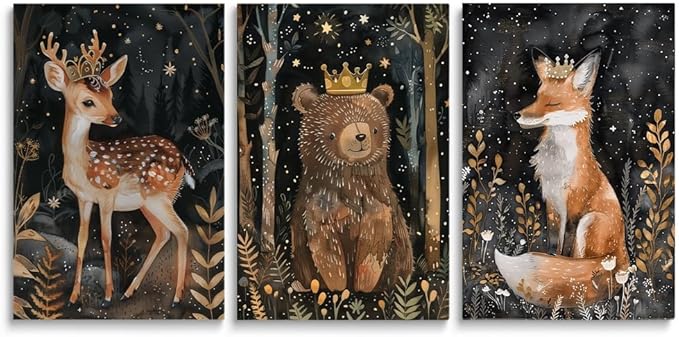 Enchanted Forest Animal Nursery Decor, Set of 3 Canvas Prints, Royal Deer, Crowned Bear, Majestic Fox, Wild Night Forest Nursery Wall Art Decor, Baby Boy Girl Kid Room Decor, Framed 16"x24"