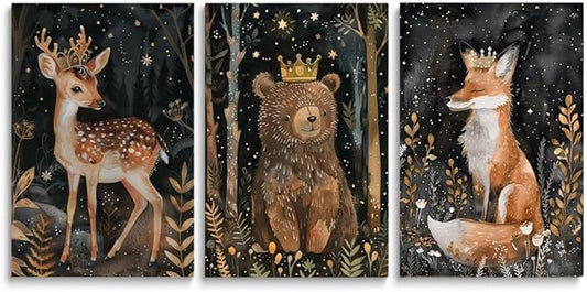 Enchanted Forest Animal Nursery Decor, Set of 3 Canvas Prints, Royal Deer, Crowned Bear, Majestic Fox, Wild Night Forest Nursery Wall Art Decor, Baby Boy Girl Kid Room Decor, Framed 16"x24"