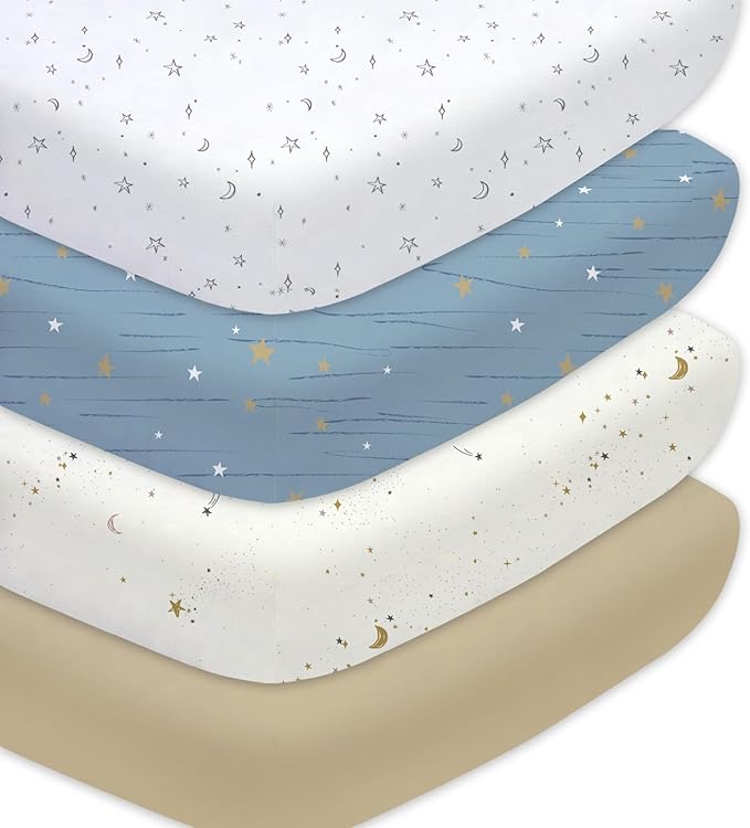 Little Grape Land Crib Sheets Baby Toddler Sheets 4 Pack Fitted for Boys Girls, Standard Size 28x52‘’ Crib Mattress, Super Soft Breathable Washable Microfiber Starry Galaxy