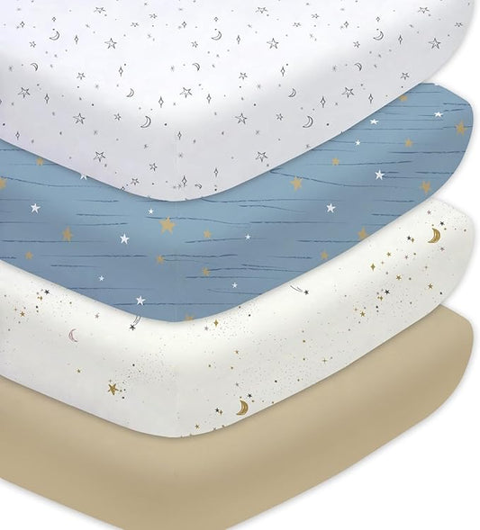Little Grape Land Crib Sheets Baby Toddler Sheets 4 Pack Fitted for Boys Girls, Standard Size 28x52‘’ Crib Mattress, Super Soft Breathable Washable Microfiber Starry Galaxy