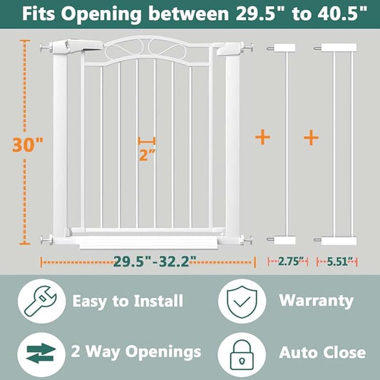 Fairy Baby 29.5"-40.5" Extra Wide Baby Gate, Metal Child Safety Gate for Kids Or Pets, Long Dog Gates Indoor No Drill for House Doorway, Pressure Mounted Easy Walk Through Pet Gate with Door, White