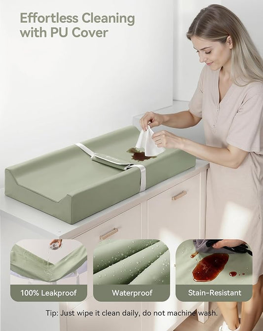 COMOMY Baby Changing Pad with Wipeable & Waterproof PU Cover, Contoured Diaper Changing Pad for Dresser with Non-Slip Safety Belt, Portable and Lightweight, Large Cushioned Foam, Green