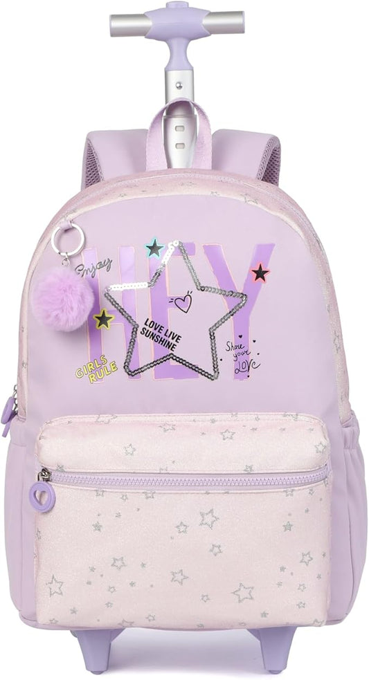 kingdisen Kids Backpack for Girls Luggage School Trolley Bag with Lunch Box 3pc Set (HEY PURPLE)