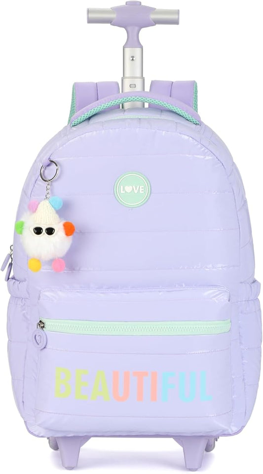 kingdisen Large Rolling laptop Backpack Set with Lunch Bag, Kids Backpack for school girls kids with Wheels (BEAUTIFUL PURPLE)