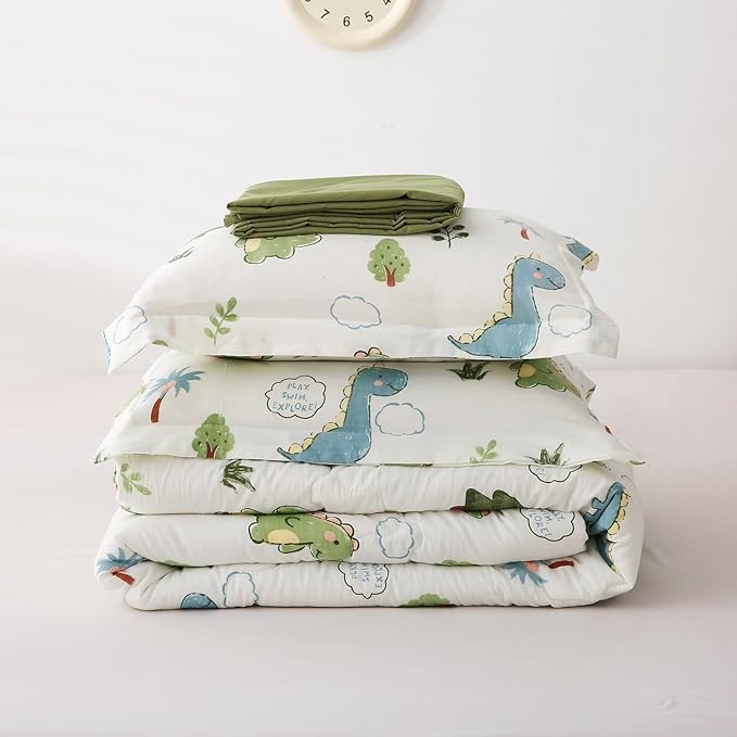 Wajade Kids Dinosaurs Comforter Set Bed in A Bag Full Size 7 Piece Cute Green Dinosaur Jungle Bedding Set for Girls Boys (1 Comforter, 1 Flat Sheet, 1 Fitted Sheet, 2 Pillowcase and 2 Pillow Sham)
