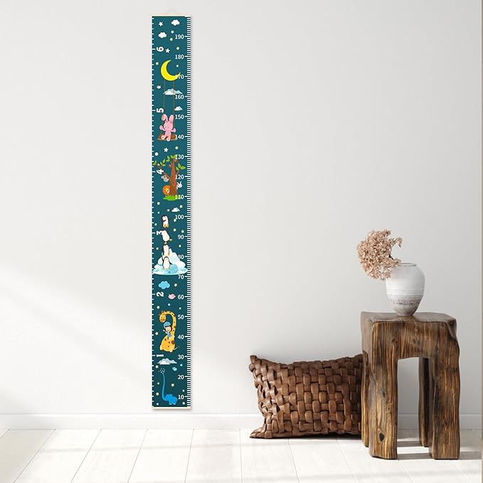 Baby Height Growth Chart - Canvas Height Chart for Kids Baby Child Toddler Boys Girls Growth Chart for Wall Room Nursery Decor Hangable and Removable Measuring Wall Ruler (Moon Rabbit, Beige Wood)