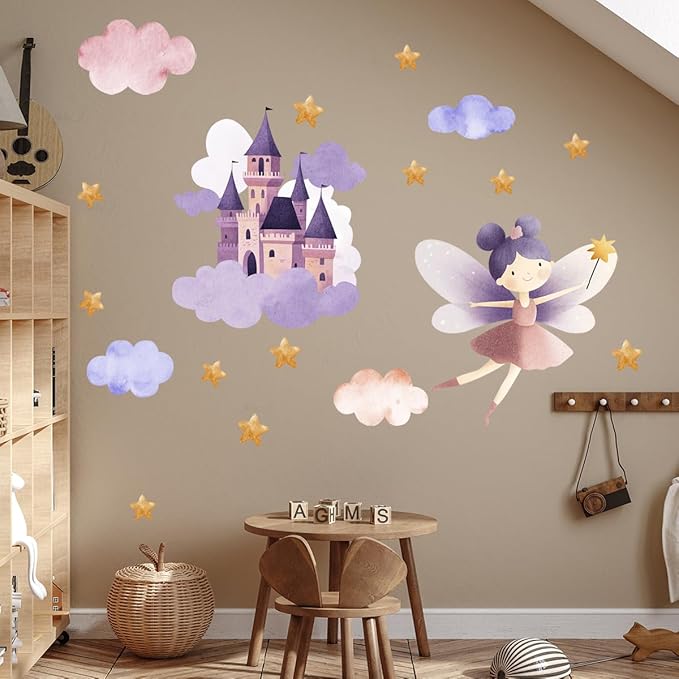 Flower Fairy Wall Decal，Butterfly Fairy Stars Wall Stickers，Cartoon Princess Butterfly Girls Decal，Removable Vinyl for Girls Bedroom Baby Nursery Kids Room Wall Decor. (Fairy Castle Wall Stickers)