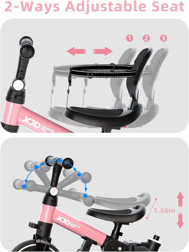 XJD Toddler Bike, 6 in 1 Folding Toddler Tricycle for 1-4 Year Old with Parental Control Handle, Balance Bike with Removable Pedal, Backrest, Adjustable Seat, First Birthday Gifts (Pink)