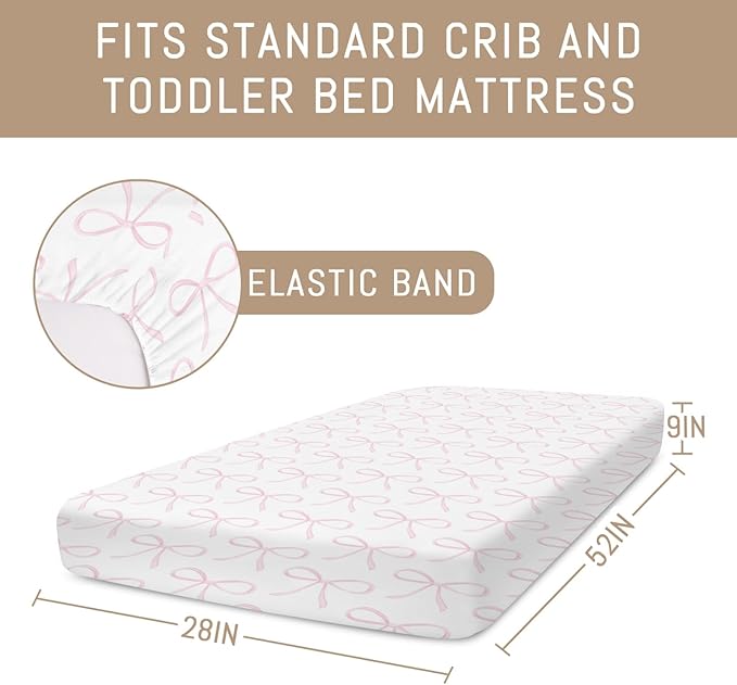 Sweet Pink Bows Baby Crib Sheets for Girls Pastel Pink Bows Soft Snug Fitted Crib Mattress Covers for 52''x28'' Standard Crib & Toddler Mattress Valentine's Girly Ribbons Nursery Baby Bed Sheets