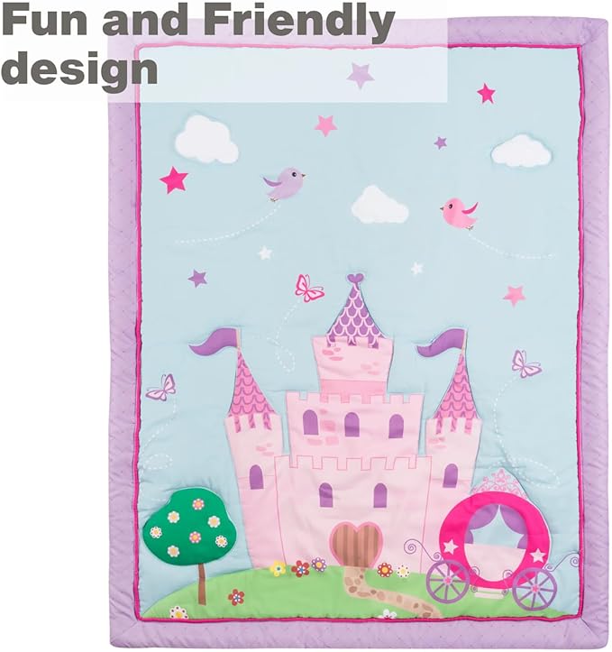 EVERYDAY KIDS 4 Piece Toddler Bedding Set -Princess Storyland- Includes Comforter, Flat Sheet, Fitted Sheet and Reversible Pillowcase