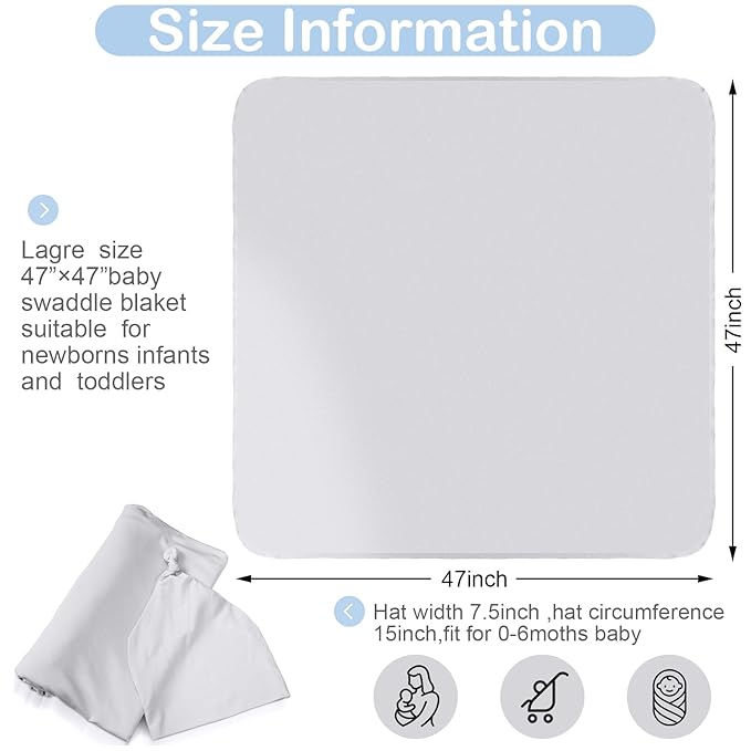 JaGely 2 Pack Baby Newborn Swaddle Blanket and Hat Set 47" x 47" Large Stretchy Receiving Blankets Set for Newborn Baby(Light Gray, Light Blue)