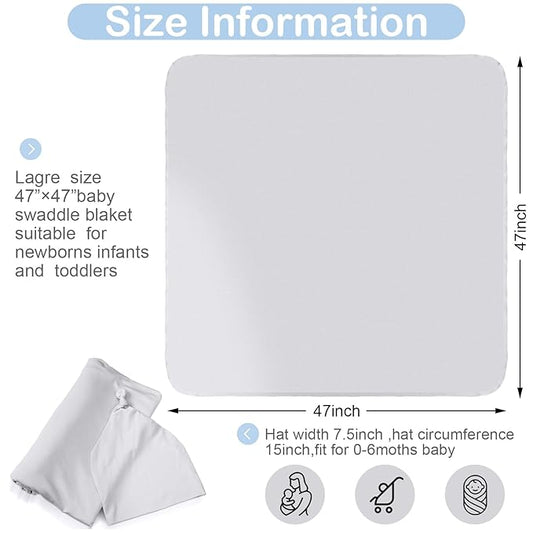 JaGely 2 Pack Baby Newborn Swaddle Blanket and Hat Set 47" x 47" Large Stretchy Receiving Blankets Set for Newborn Baby(Light Gray, Light Blue)