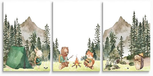 Camping Nursery Wall Art, Woodland Hiking Nursery Wall Decor, Bear Fox Print, Mountain Forest Wall Art, Outdoor Adventure Nature Picture for Baby Boy Girl Room Decor, Framed Set of 3, 16"x24"x3