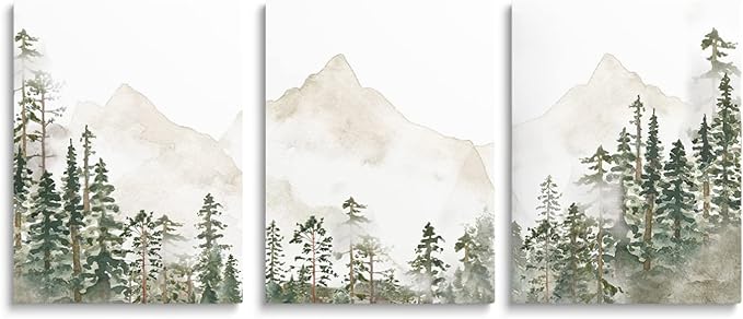 SKYSUKEY Foggy Forest Wall Art Woodland Nursery Wall Decor Netural Wild Nature Nursery Decor Mountain Wall Art Green Landscape Prints for Boy Girl Bedroom Living Room Home, Framed Set 3, 12"x16"
