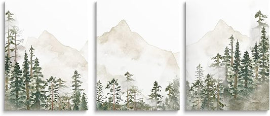 SKYSUKEY Foggy Forest Wall Art Woodland Nursery Wall Decor Netural Wild Nature Nursery Decor Mountain Wall Art Green Landscape Prints for Boy Girl Bedroom Living Room Home, Framed Set 3, 12"x16"