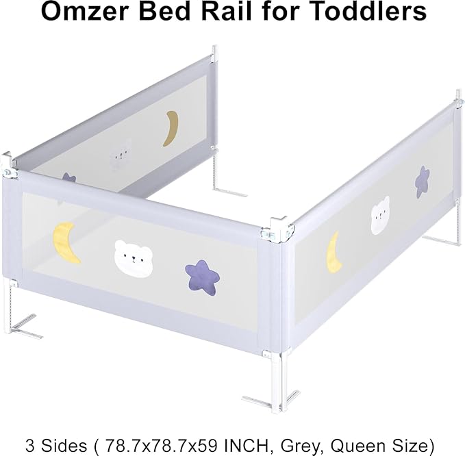 omzer 3-Piece Bed Rails for Queen Bed - Height Adjustable Bed Rail for Toddlers with Double Child Lock, Bed Rail for Baby Kids with Pattern, Infants Toddler Bed Gate for Queen Size Bed, 78.7x78.7x59”