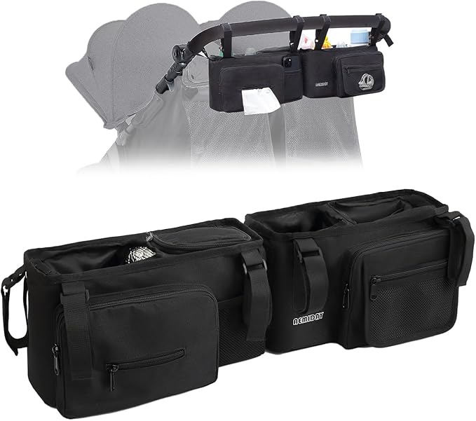 AEMIDAY Double Stroller Organizer Compatible with BOB Duallie and Baby Jogger City Mini GT2 Double Stroller, Double Baby Stroller Accessories with 2 Cooler Pockets , Black(Empty Bag)