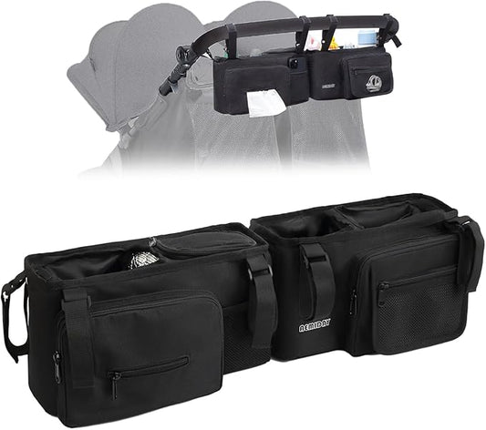 AEMIDAY Double Stroller Organizer Compatible with BOB Duallie and Baby Jogger City Mini GT2 Double Stroller, Double Baby Stroller Accessories with 2 Cooler Pockets , Black(Empty Bag)
