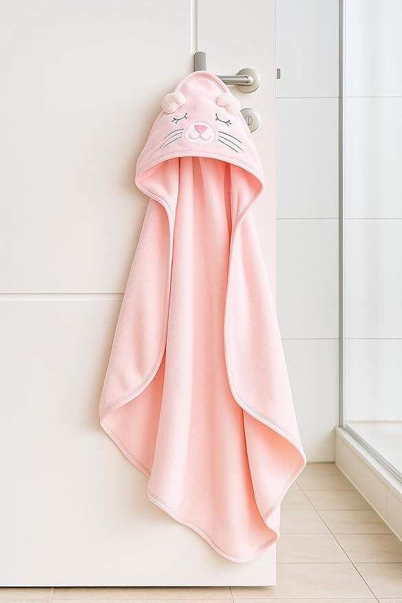 My Tiny Nugget Pink Hooded Baby Bath Towel for Girls – Soft & Absorbent | Cute Animal Hood | Plush Newborn Infant & Toddler Bath Wrap | Perfect (Pink)