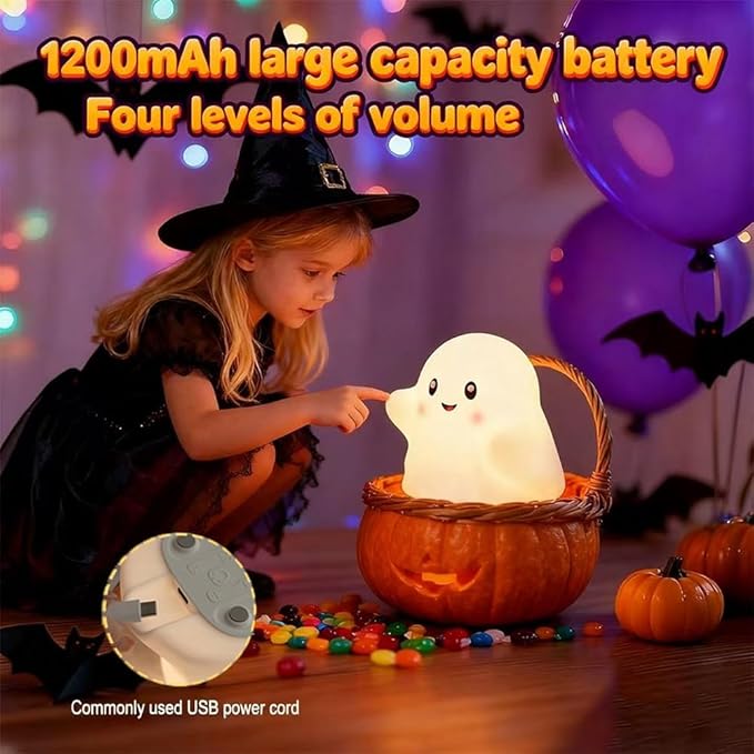 Ghost Night Light for Kids, Silicone Nursery Nightlight with 13 Interactive Sound Effects ,Halloween Decor Lamp Adjustable Dimmable Lamp with Touch Sensor Children's Christmas Gifts (white ghost）