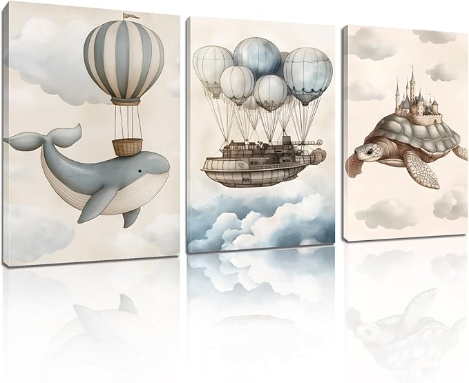 Ocean Nursery Canvas Wall Art, Sea Life Nursery Wall Decor, Kid Room Decor, Whimsical Wall Art Prints, Canvas Prints for Kids Room (16" x 24" x 3 pcs)