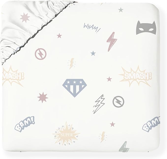 MakeMake Organics Organic Full Fitted Sheet Set GOTS Certified Organic Cotton Fitted Sheet with 2 Pillowcase Ultra Soft Non Toxic Breathable Hypoallergenic Colorful Superheros(Full, Mighty Heros)