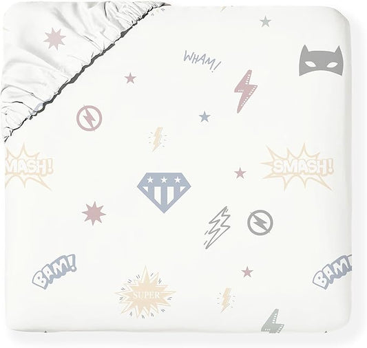 MakeMake Organics Organic Twin Fitted Sheet Set GOTS Certified Organic Cotton Fitted Sheet with 1 Pillowcase Ultra Soft Non Toxic Breathable Hypoallergenic Superheros(40"X76", Mighty Heros)