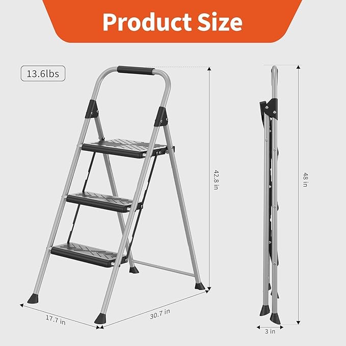 DIAMONDFORGE 3 Step Ladder, Folding Step Stool with Wide Anti-Slip Pedal, Soft Grip Handle, Non-Slip Feet, Sturdy Steel Construction, 900 lbs Capacity Steel Ladder for Home and Office, Grey