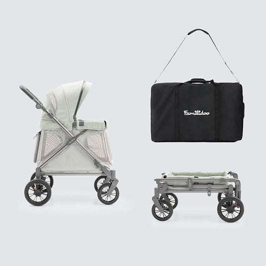 Familidoo Q1 Multi-Use Kids Wagon Stroller with Travel Bag – Foldable, Lightweight, All-Terrain for Kids & Pets – 5-Point Harness, Rain Cover, Compact Travel Design, Up to 132 lbs (Sage Green)