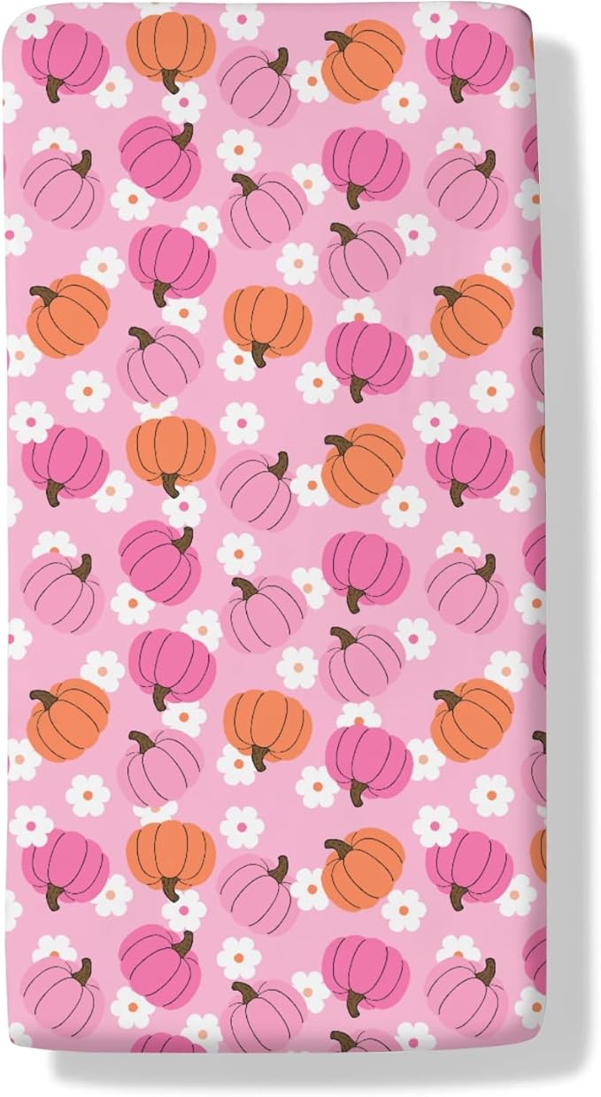 Autumn Pumpkin Boho Floral Baby Crib Sheets Fall Pumpkin Flowers Fitted Crib Mattress Cover Autumn Thanksgiving Harvest Toddler Baby Sheet for Standard Crib 28x52in