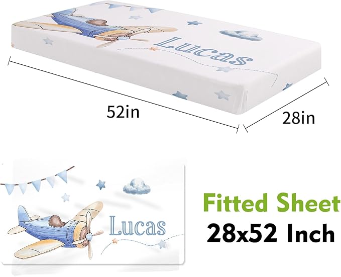 Personalized Crib Bedding Set for Boys Girls, Custom Baby Crib Sets with Name, Toy Airplane Design Nursery Bedding 2 Piece - Soft Blanket with Double Layer Dotted Backing, Crib Fitted Sheet