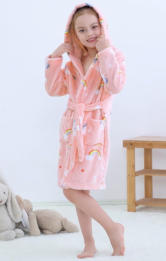 Umeyda Boys Girls Robes, Soft Fuzzy Fleece Hooded Bathrobes with Belt and Pockets for Kids, 1-18 Year