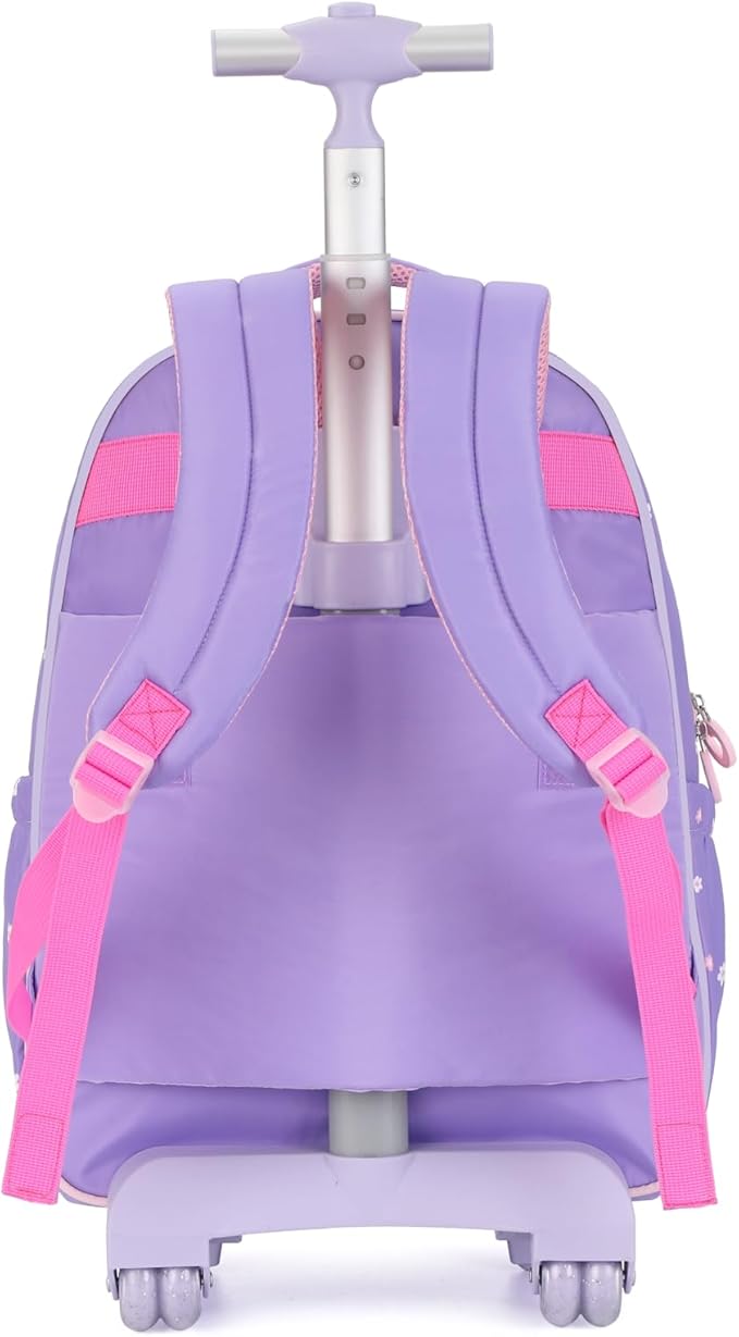kingdisen Rolling Backpack for Girls Backpack with Wheels Kids Cute Carry on Backpack with Lunch Box Pencil Case for Elementary Student Teen Girls Luggage (TWO FLOWERS PURPLE)