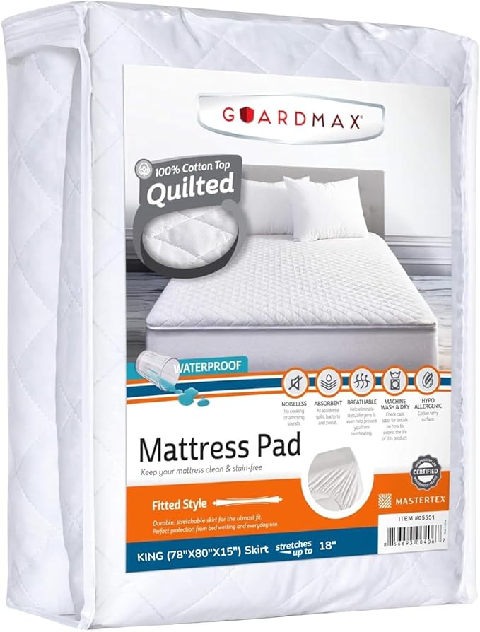 Guardmax Waterproof Quilted Fitted Mattress Pad | Hypoallergenic Cover | Breathable, Noiseless Barrier | King (78 x 80 x 15)